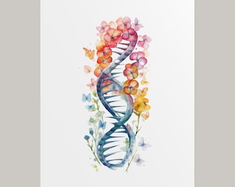May include: Watercolor print of a DNA double helix intertwined with colorful flowers and butterflies. The artwork features a blue and teal helix with orange, pink, and yellow floral accents, and delicate butterflies.