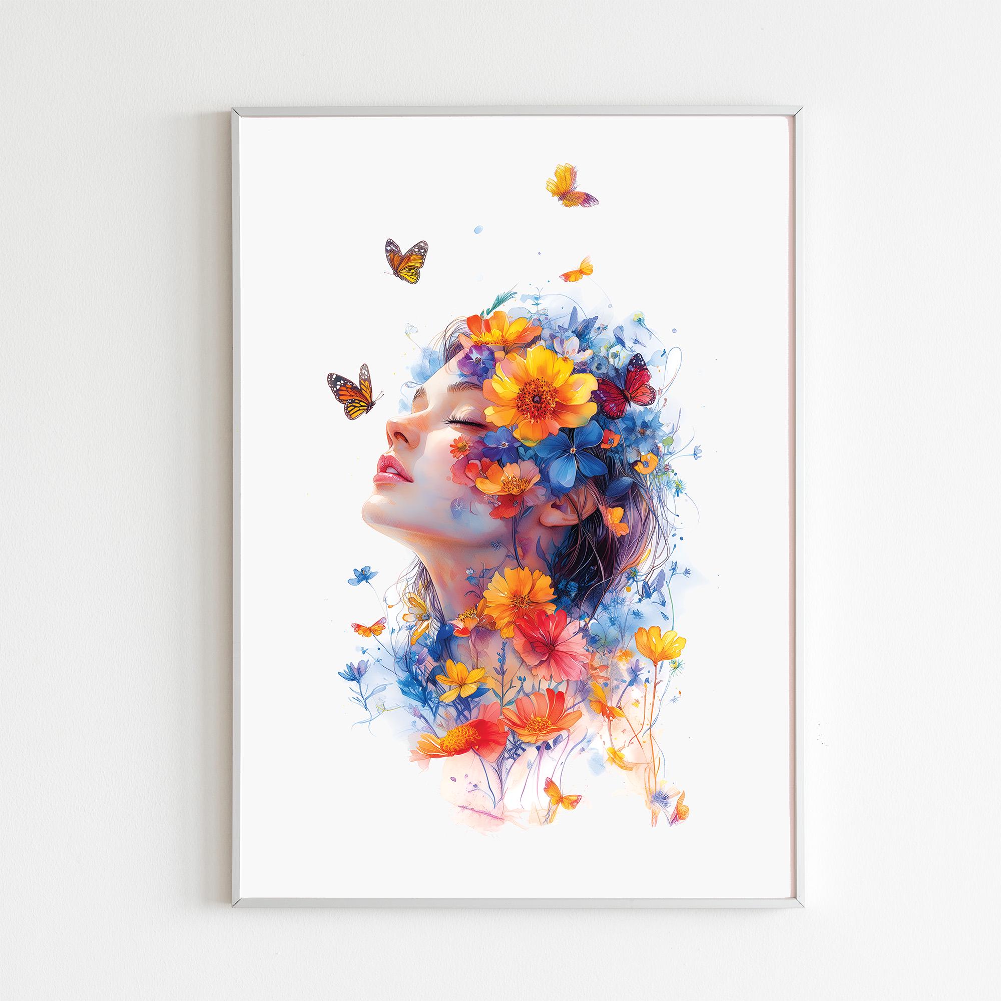 女性の花の頭の水彩画、印刷可能なメンタルヘルスアート、花を持つ女性