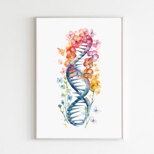 Floral DNA Art Print, biologie kunst, wetenschap wand decor, medische wetenschap kunst, dokter graduatiegift, aquarel DNA Helix kunst aan de muur
