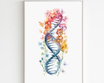 Floral DNA Art Print, Biology Art, Science Wall Decor, Medical Science Art, Doctor Graduation Gift, Watercolor Dna Helix Wall Art