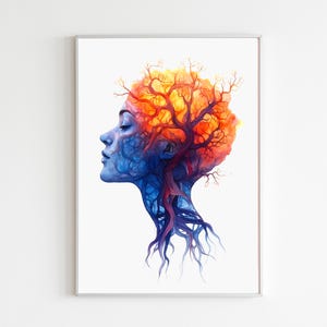 Può includere: Stampa artistica incorniciata raffigurante il profilo di un volto in tonalità blu, con una struttura ad albero in arancione e rosso vivace che sostituisce i capelli. L'opera, con effetto acquerello, risalta su uno sfondo bianco.