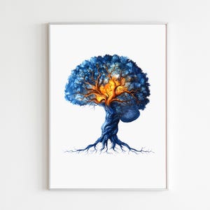 May include: A framed watercolor print of a tree with a blue and orange color scheme. The tree has a twisted, dark blue trunk and roots, with a vibrant blue and orange canopy. The artwork is set against a white background.