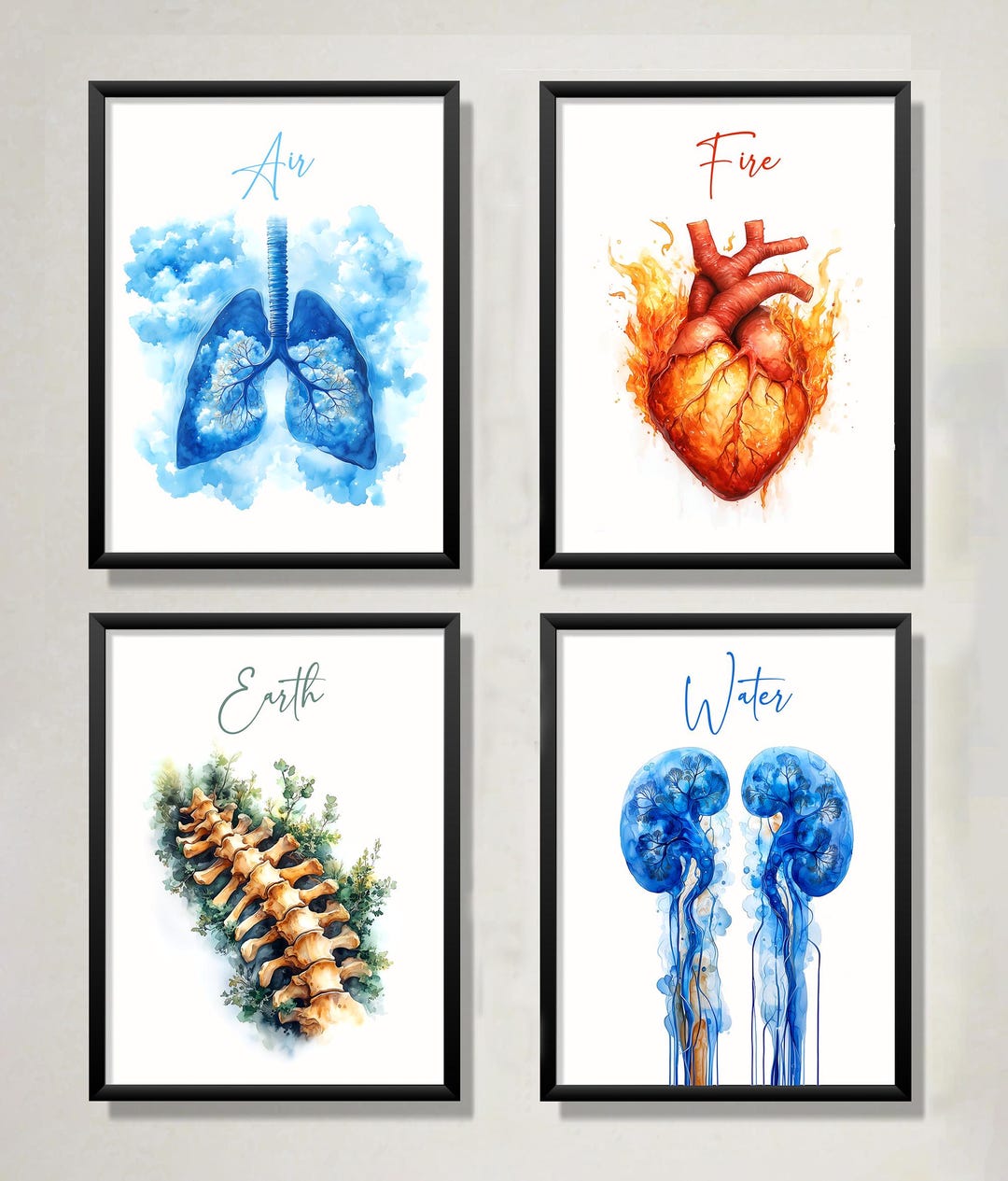 Human Anatomy Wall Art Set of 4 Elements, Watercolor Botanical Organ ...