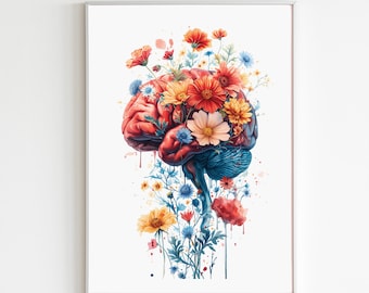 Brain Art Print, aquarel hersenen met bloemen kunst aan de muur, geestelijke gezondheid kunst, neuroloog cadeau voor psycholoog, Floral anatomie muur decor
