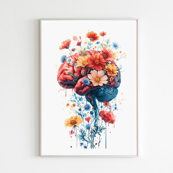 Impression d’art cérébral, cerveau aquarelle avec fleurs, art mural, art de la santé mentale, cadeau de neurologue pour psychologue, décoration murale d’anatomie florale