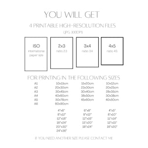 May include: A white graphic with text detailing printable high-resolution file sizes. The text includes options for ISO, 2x3, 3x4, and 4x5 ratios, with corresponding dimensions in inches and centimeters. The image also states "You Will Get" and "If you need another size please contact me."