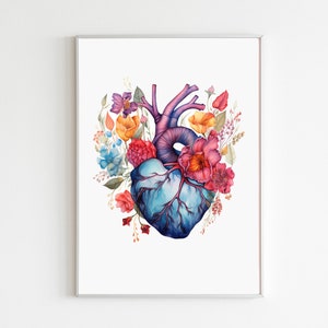 Heart Watercolor Art Print, Anatomical Heart Art With Flowers, Medical Wall Decor, Cardiologist Gift Printable