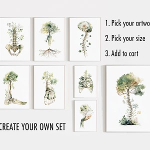 May include: A collection of framed art prints featuring watercolor illustrations of human anatomy combined with botanical elements. The artwork includes images of the spine, rib cage, and foot, with text that reads "CREATE YOUR OWN SET" and instructions.
