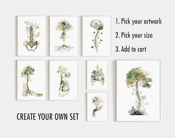 May include: A collection of framed art prints featuring watercolor illustrations of human anatomy combined with botanical elements. The artwork includes images of the spine, rib cage, and foot, with text that reads "CREATE YOUR OWN SET" and instructions.