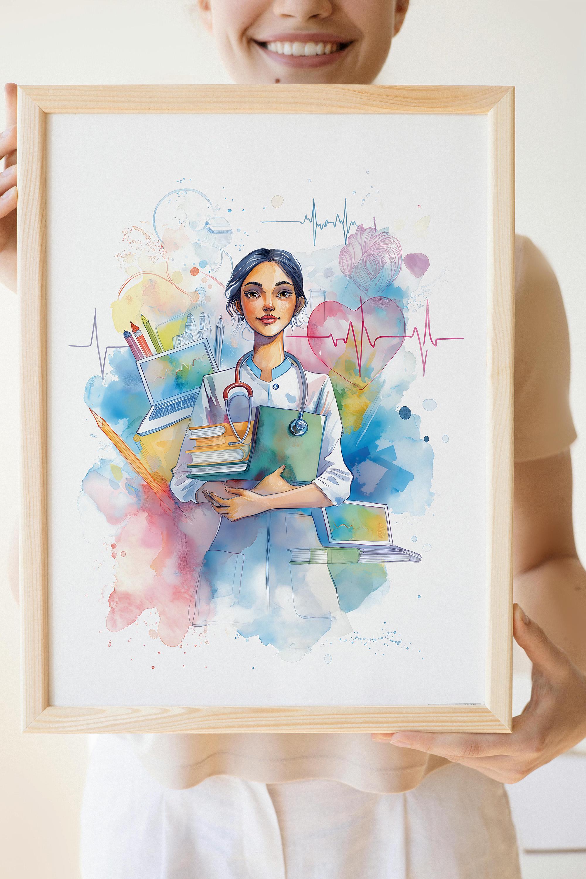 Nurse Watercolor Art Print, Medical Student Poster Digital