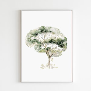 Puede incluir: Una impresión artística enmarcada que presenta una ilustración en acuarela de un árbol con forma de cerebro. La obra de arte utiliza tonos de verde y marrón, con las ramas y raíces del árbol detalladas sobre un fondo blanco. La impresión está en un marco plateado.