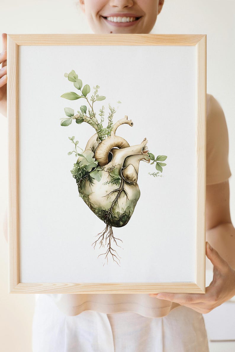 Botanical Heart Wall Art Print, Watercolor Anatomy Painting, Medical ...