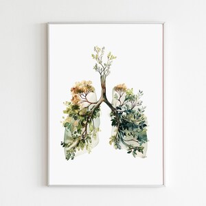 Op de afbeelding: Waterverfprint van longen met boom- en plantenafbeeldingen. Het kunstwerk heeft een lichte achtergrond, met de longen afgebeeld in een zachte aquarel stijl. De longen zijn gevuld met groene en bruine bladeren, waardoor een op de natuur geïnspireerd ontwerp ontstaat.