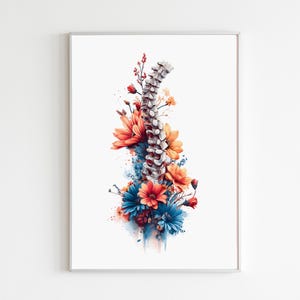 May include: A framed art print featuring a watercolor illustration of a human spine intertwined with colorful flowers. The flowers are in shades of orange, blue, and red, set against a white background. The artwork has a medical and botanical theme.
