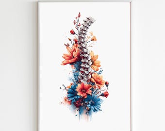 Floral Spine Art Print, Physiotherapy Reception Poster, Botanical Chiropractic Room Office Wall Decor, Chiropractor Gift For Doctor, Digital