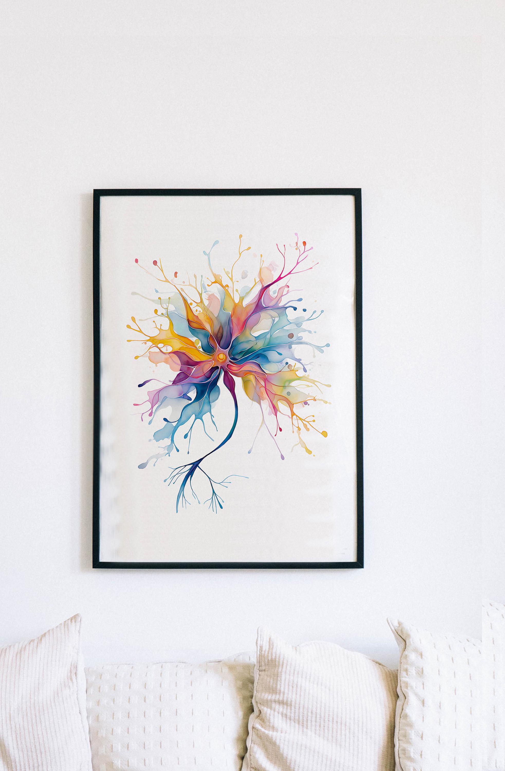 Neuron Art Print, Abstract Brain Cell Anatomy Poster, Watercolor ...