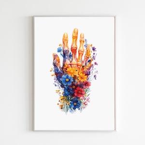 Hand Wall Art Print, Watercolor Floral Skeleton Artwork, Rheumatologist Gift for Orthopedic Hand Surgeon Printable, Neurologist Office Decor