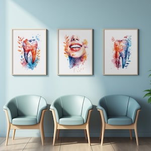 Tandkonsttryck Set med 3 posters, Tandläkarpresent, Tredelad väggkonstset, Blommig tandanatomikonst, Tandläkarpresent till tandsköterska