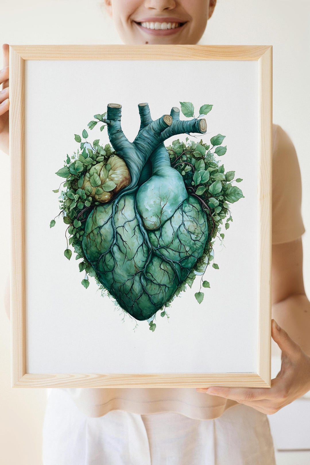 Anatomical Heart Wall Art Print, Watercolor Anatomy Poster, Green ...