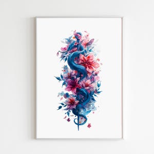 Floral Rod Of Asclepius Wall Art Print, Medicine Symbol Watercolor Printable, Caduceus Artwork Digital Download, Health Care Clinic Painting