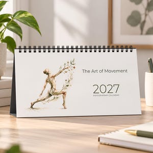May include: A desk calendar titled The Art of Movement 2027 Physiotherapy Calendar. The cover features a watercolor illustration of a human figure in a yoga pose with branches and flowers growing from the body, bound by a black wire coil.