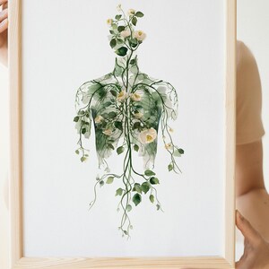 May include: Watercolor print in a light wooden frame. The artwork depicts a human torso silhouette filled with green vines, leaves, and white flowers. The image has a soft, ethereal quality, suitable for home decor.