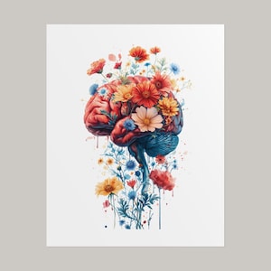 Puede incluir: Una ilustración colorida de un cerebro humano con flores que crecen de él. El cerebro es rojo y azul, y las flores son amarillas, naranjas, rosas y azules.