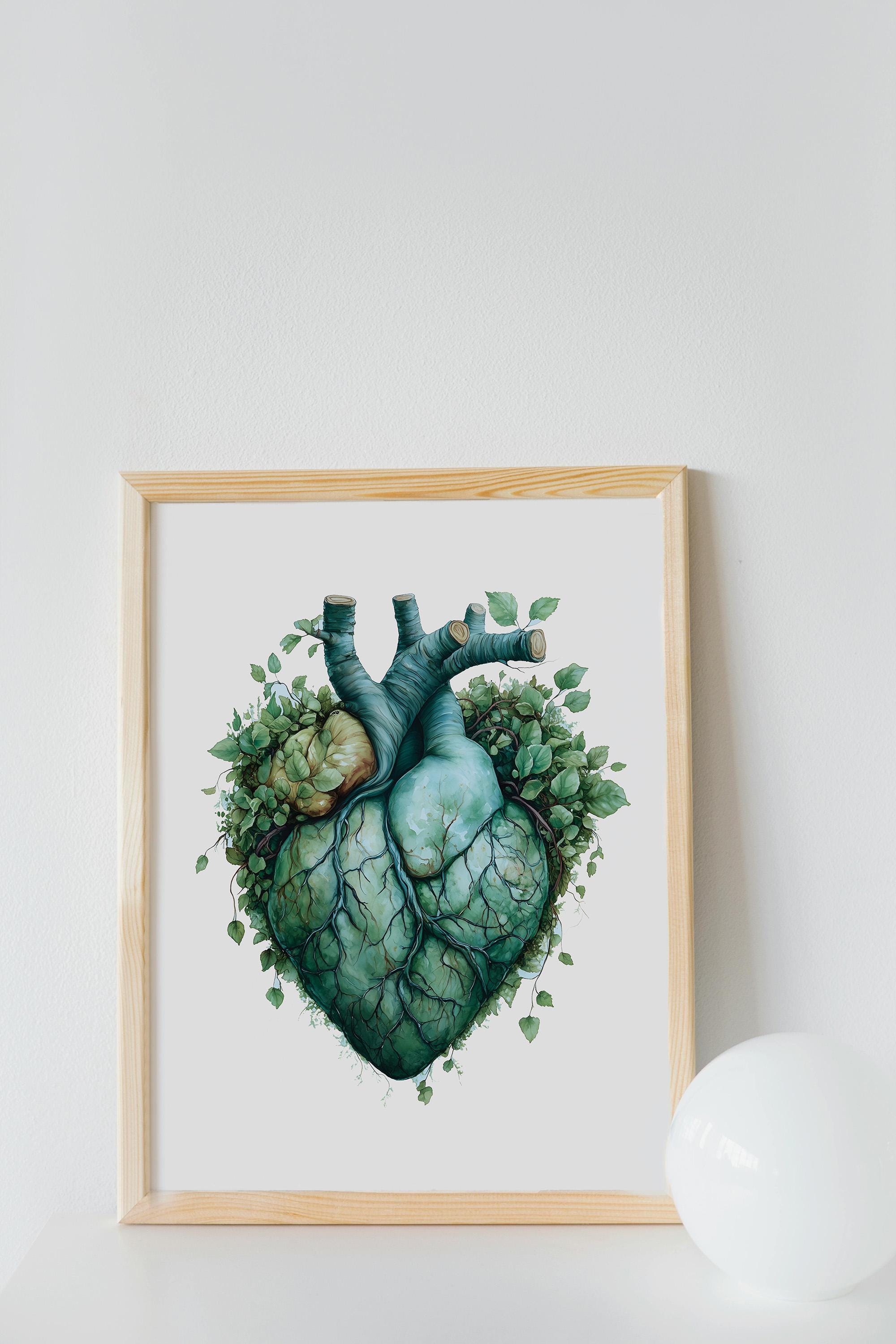 Anatomical Heart Wall Art Print, Watercolor Anatomy Poster, Green ...
