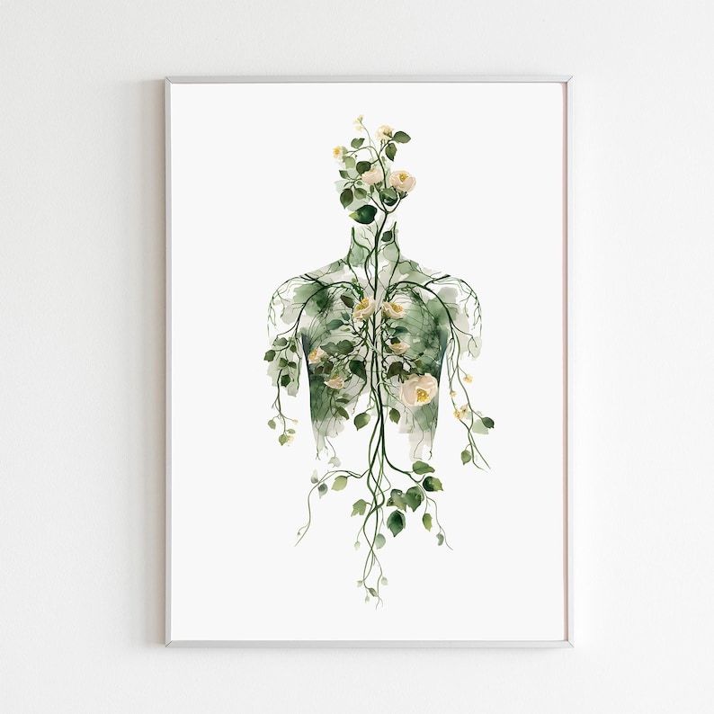 May include: Watercolor print of a human torso silhouette filled with green vines, leaves, and cream-colored flowers. The artwork is set against a white background and framed in a silver border. The botanical theme creates a unique artistic statement.