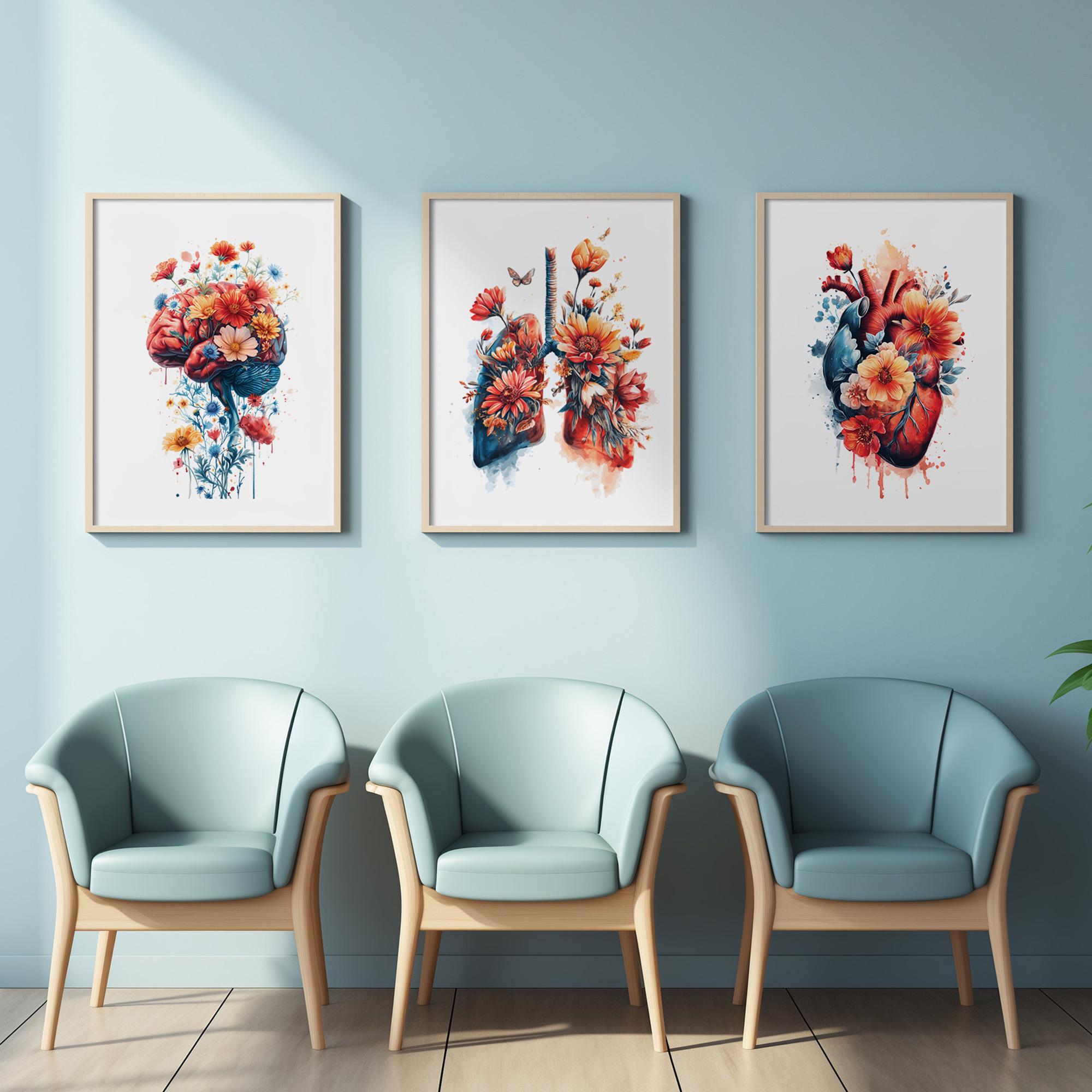 Floral Brain Lungs Heart Poster Watercolor Anatomy Prints Set of 3 Wall ...