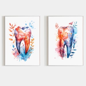 Conjunto de arte dental imprimible 2 piezas arte de pared diente con flores acuarela floral oficina dental decoración dentista regalo para asistente dental cartel