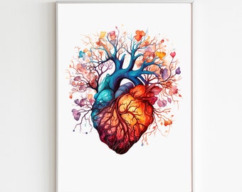 Anatomical Human Heart Art Print, Watercolor Heart Art With Flowers, Cardiology Office Decor Digital Download, Printable Medical Wall Decor