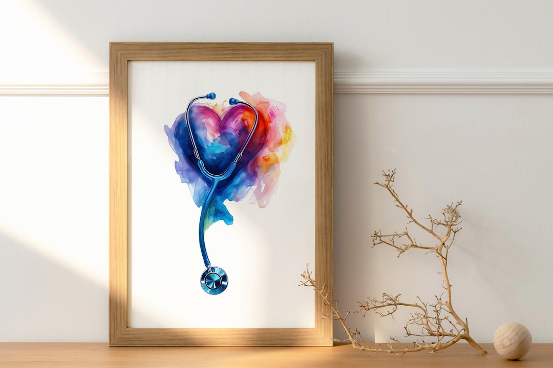 Stethoscope Heart Watercolor Print, Colorful Medical Office Decor ...