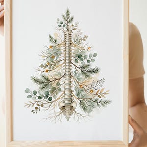 Può includere: Una stampa artistica incorniciata che raffigura una colonna vertebrale e un bacino umani illustrati come un albero di Natale. Le vertebre e le ossa pelviche sono circondate da rami di pino, foglie di eucalipto e piccole luci luminose.