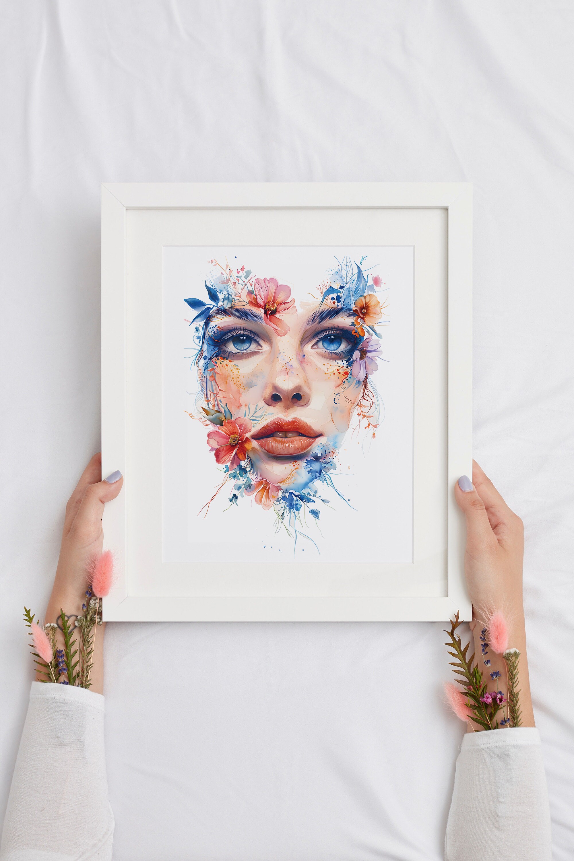 Floral Woman Face Art Print, Watercolor Botanic Portrait Wall Decor ...