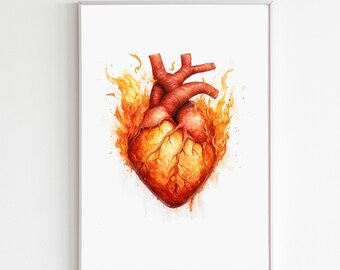 Arte mural imprimible de anatomía cardíaca, impresión de acuarela de llamas de órganos cardíacos, obra anatómica humana del elemento fuego, pintura de sanación espiritual