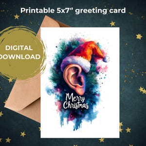 Tarjeta de felicitación navideña de audiología (5 x 7), tarjeta navideña para audiólogo, imprimible, arte de clínica auditiva, acuarela, saludos navideños.