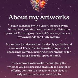 May include: A digital artwork with a heart-shaped design, adorned with floral elements, set against a dark purple background with white speckles. The text "About my artworks" is displayed prominently.