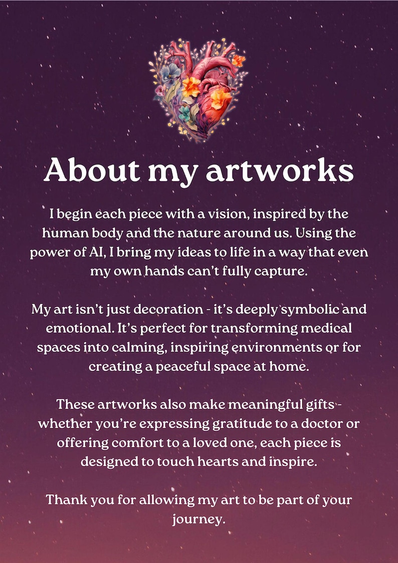 May include: A digital artwork with a heart-shaped design, adorned with floral elements, set against a dark purple background with white speckles. The text "About my artworks" is displayed prominently.