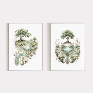 May include: Two framed art prints featuring anatomical illustrations of the male and female reproductive systems integrated with natural landscapes. Each print depicts a tree growing from the organ structure, surrounded by flowers and greenery.
