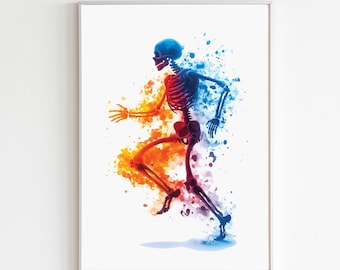 Skelet rennen aquarel print, afdrukbare menselijke anatomie kunst aan de muur, decor fysiotherapie, sportgeneeskunde kunstwerk, medisch student geschenken