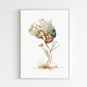 May include: A watercolour print featuring a human brain design with botanical elements. The brain is rendered in brown, beige, and green hues, with flowers and foliage integrated. The artwork is set against a white backdrop and framed in a silver frame.