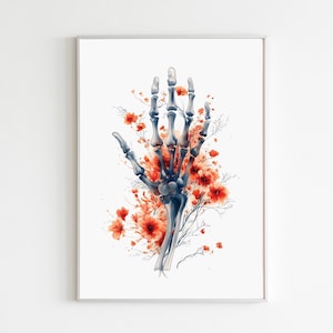 Hand Wand Kunst Druck Aquarell Blumen Skelett Kunstwerk, Rheuma Geschenk für Orthopädische Hand Chirurg Wand Kunst, Neurologe Büro Dekor