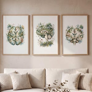 Brain Sections Anatomy Print Set Of 3, Botanical Neuroscience Wall Decor, Neuroanatomy Watercolor Collection, Neurology Office Decoration