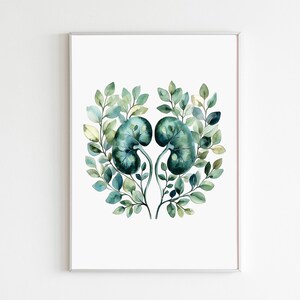 May include: A watercolor painting of two kidneys surrounded by green leaves. The kidneys are a dark teal color and the leaves are a variety of shades of green.