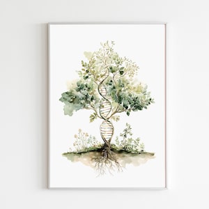 Arte mural del árbol del ADN, póster de la naturaleza de la doble hélice, lámina botánica para el espacio médico, obra de arte científica en acuarela sobre sanación verde, descarga digital.
