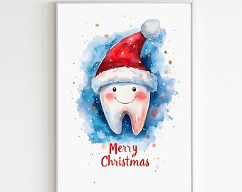 May include: A watercolor illustration of a tooth wearing a red Santa hat with a white trim. The tooth is smiling and has a blue and white watercolor background with gold glitter. The text "Merry Christmas" is written below the tooth.