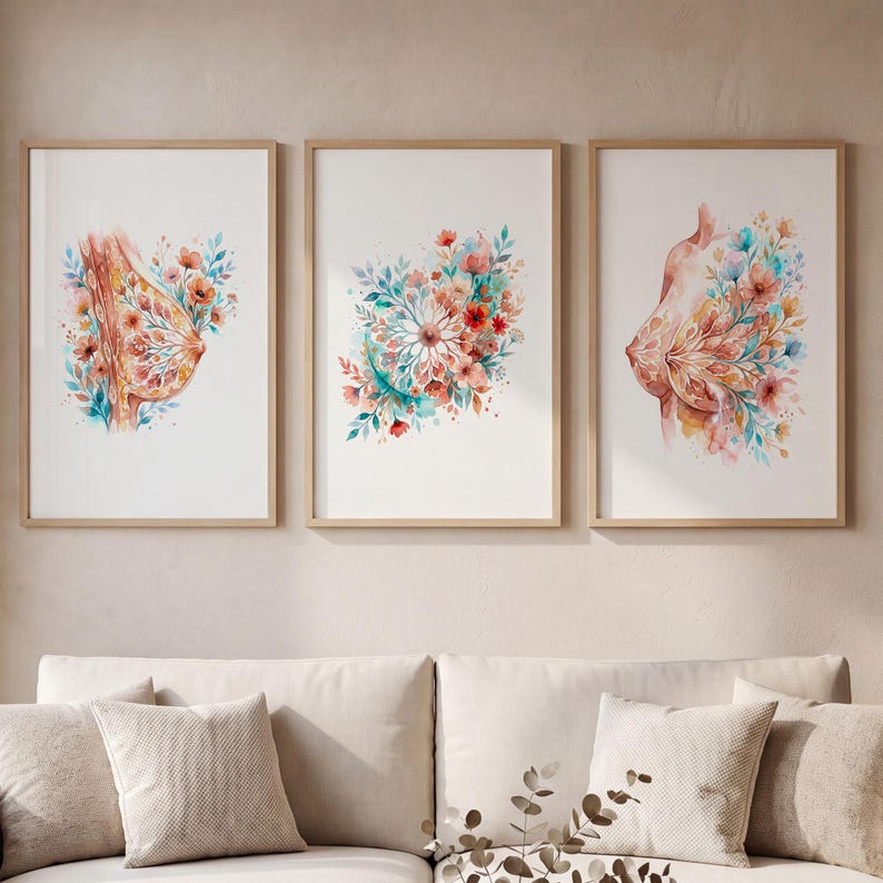 Floral Breast Art Set of 3 Prints, Women's Clinic Wall Decor, Botanical ...