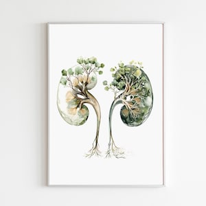 Può includere: Stampa ad acquerello incorniciata raffigurante due forme a forma di rene con strutture ad albero. L'opera d'arte utilizza una morbida tavolozza di verdi, marroni e gialli. Illustrazione botanica su sfondo bianco, con cornice argentata.