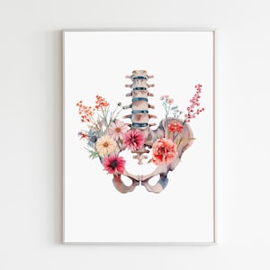 Può includere: Un'illustrazione ad acquerello di un bacino umano con un'arrangiamento floreale di fiori rosa, rossi e bianchi. I fiori sono disposti attorno al bacino, creando un design bellissimo e delicato.